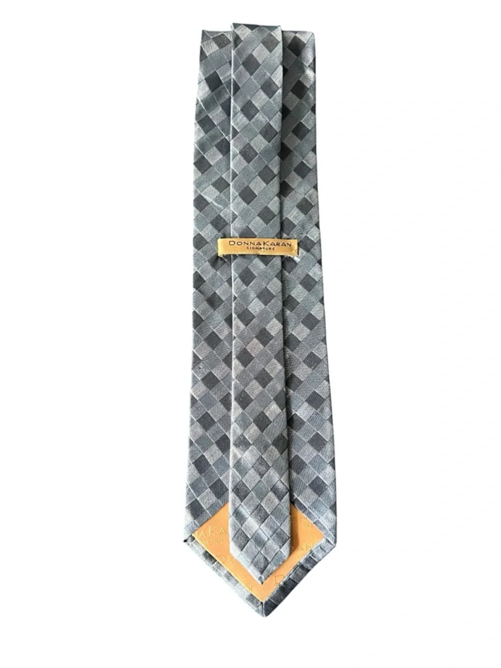 Donna Karan Silk Tie Gray Checkered Woven Pattern Luxury Mens Necktie